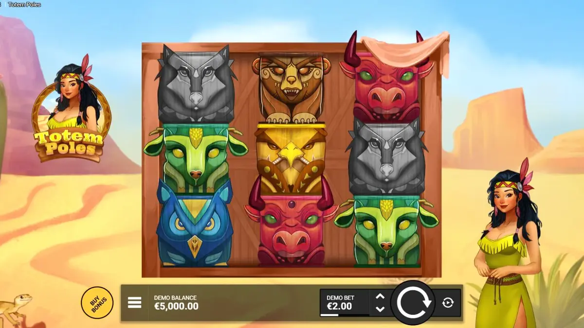 Totem Poles slot machine interface com arte indígena