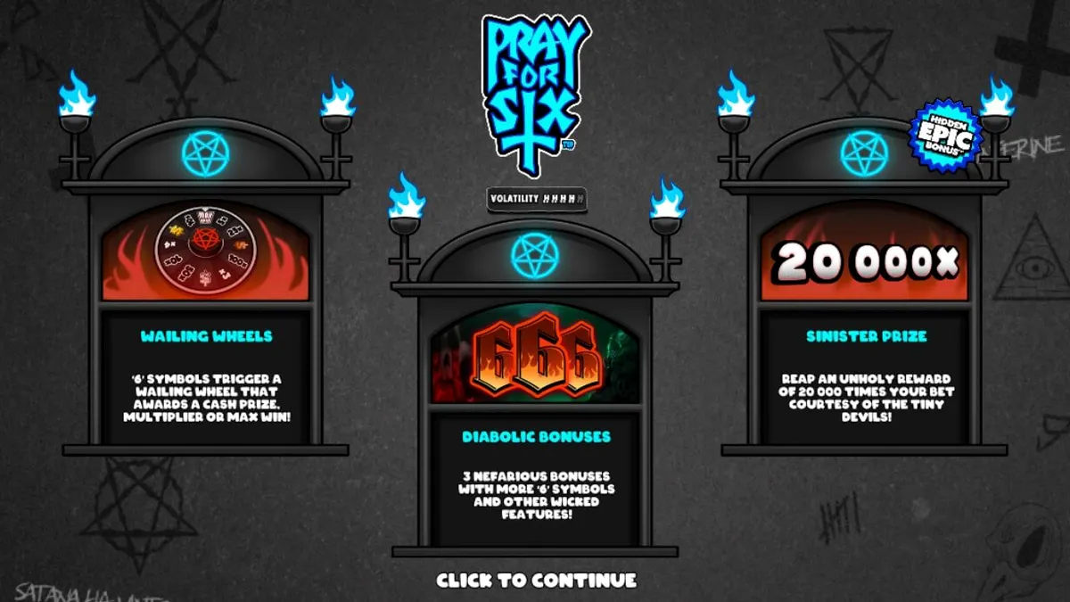 Cenário monocromático e gótico do slot Pray for Six com elementos de desenho animado dos anos 40